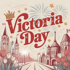 Obraz premium Vintage Style Victoria Day Illustration with Classical Architecture Tulips Fireworks and Retro Typography for Canadian Holiday