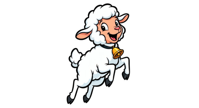 Happy cartoon sheep jumping with golden bell on transparent background