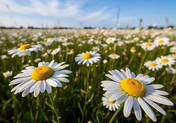 Fototapeta premium Closeup of white and yellow daisies in a green field under blue sky white flowers