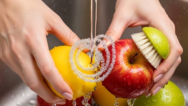 Woman's hands carefully washing an assortment of fresh fruits in the sink