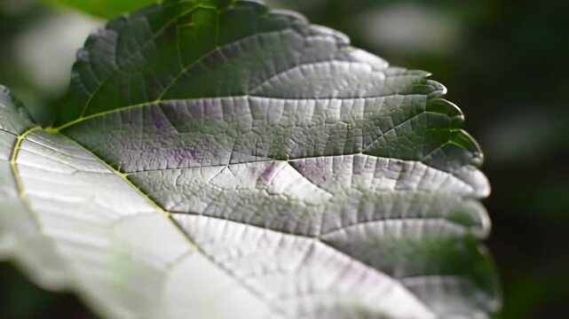Detailed macro shot of a plant leaf in a forest.