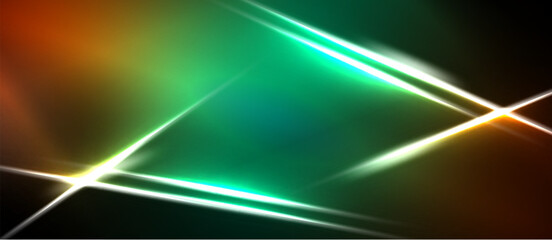 Naklejka premium Abstract background features vibrant green, orange hues. Bright white lines intersect, creating dynamic light effects. Dark borders frame composition.