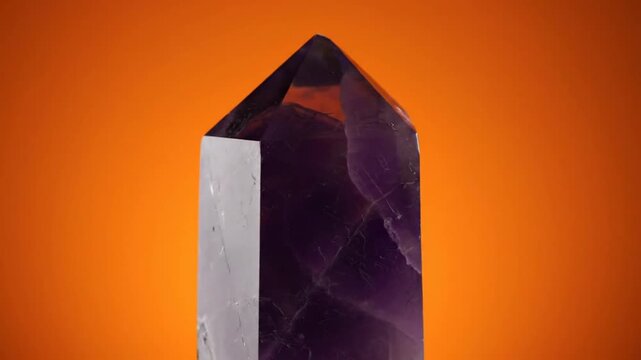 Close-up of a purple amethyst crystal with an orange background, rotating slowly.