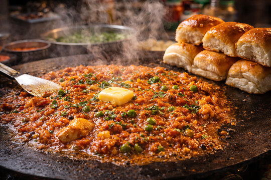 Pav bhaji street style iron tava cooking scene