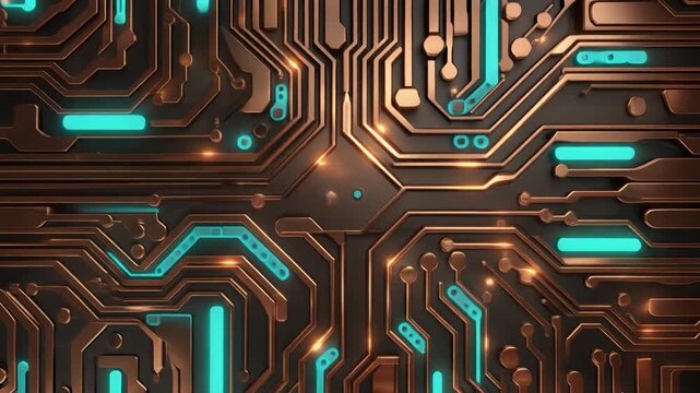 Circuit grid glowing copper teal pulse animation metallic channels seamless futuristic surreal ethereal ambience cascading softly glowing abstract unique style ultra realistic loop