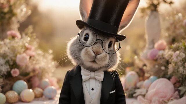 A charming Easter bunny dressed in a black tuxedo, wearing a classic top hat and round pince-nez glasses, styled in a retro, vintage look. Festive Easter theme with subtle pastel decorations in the ba