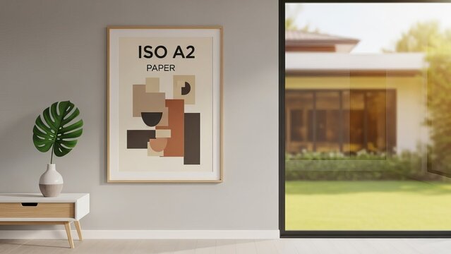 Minimalist Gold Frame ISO A2 Paper Size Chart with Geometric Coffee Cups on Shelf