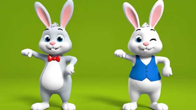 Two animated easter bunnies dancing on a green background for a festive spring holiday celebration