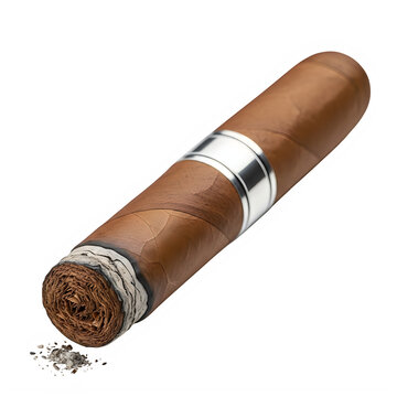 A brown cigar with a silver band on a white background isolated on transparent background