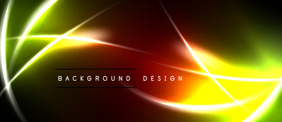 Naklejka premium Abstract background features vibrant lines, gradients. Yellows, greens, reds blend into dark space. Text reads background design.
