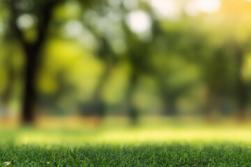 Naklejka premium Peaceful green grass with blurry trees and sunlight in background
