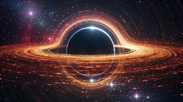 Abstract visualization of a black hole with glowing accretion disk and warped starlight, illustrating gravity, spacetime distortion, cosmic energy, and deep space science.