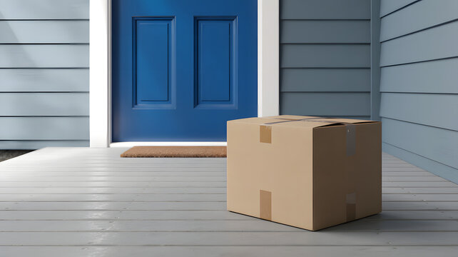 Cardboard box package delivered and sitting on a concrete porch in front of a blue front door