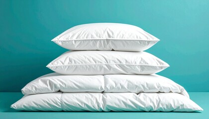 Stack of Fluffy White Down Pillows on Teal Blue Studio Background