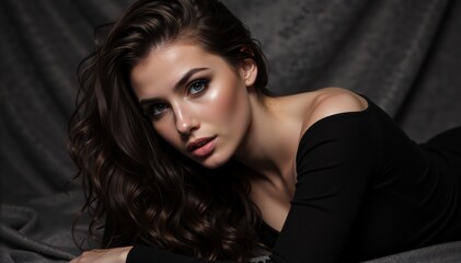 Naklejka premium Portrait of a young woman with wavy brunette hair and professional makeup. Fashion model posing in black top against dark background. Beauty and glamour concept
