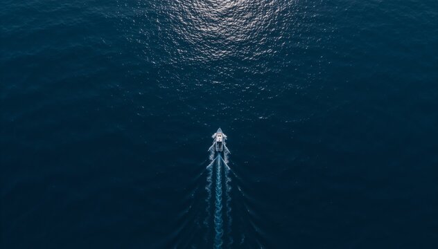 Aerial top view of a motorboat cruising in the deep blue ocean. Minimalist seascape with boat wake and sunlight reflection