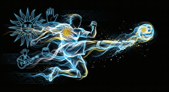 Uruguay soccer player volley kick, abstract neon silhouette with Sun of May and national flag colors, South American football art