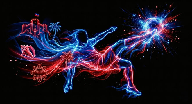 Haiti soccer player bicycle kick, abstract neon silhouette with fortress and palm trees, Caribbean football concept