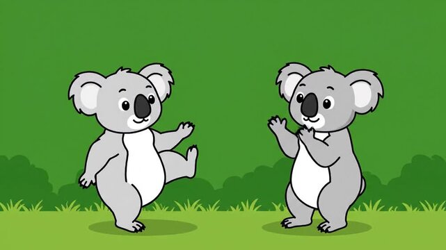 Two cute cartoon koalas dancing and waving with green background animated seamless loop animation perfect for children or educational content