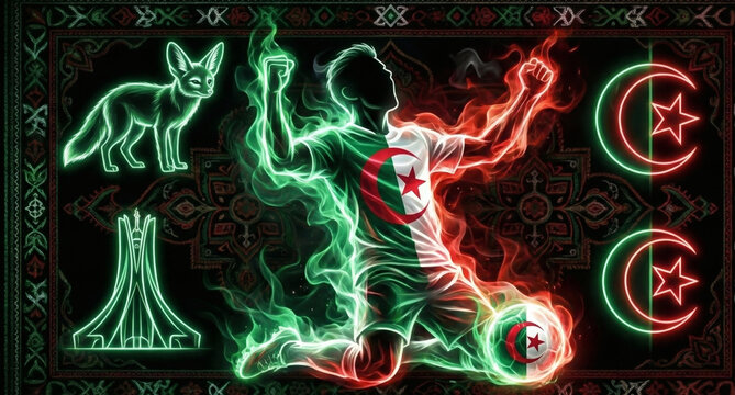 Algeria soccer player celebration, abstract neon silhouette with Fennec Fox and crescent moon symbols, North African football art