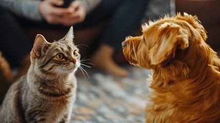 Fototapeta na wymiar A charming scene featuring a cat and a dog engaged in a curious gaze at each other, showcasing the unique bond and friendship often seen between these beloved pets in a cozy home s