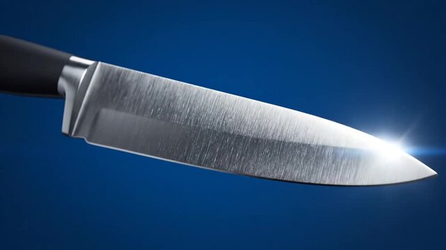 Close-up of a sharp chefs knife with a gleaming blade against a deep blue background, reflecting light.