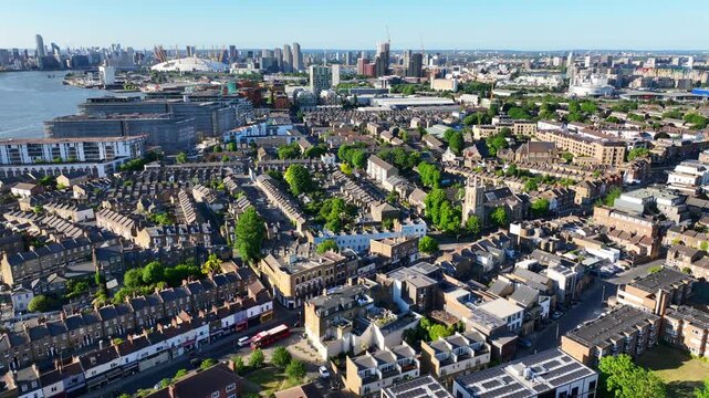 Aerial drone cinematic video over iconic city of Greenwich built in Peninsula, London, United Kingdom