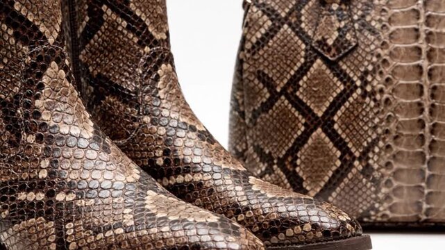 Close-up of stylish snake print boots and matching handbag, showcasing trendy animal pattern accessories.