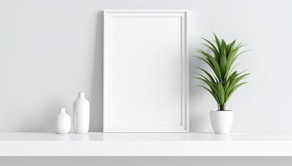 White shelf with frame, bottles, and plant