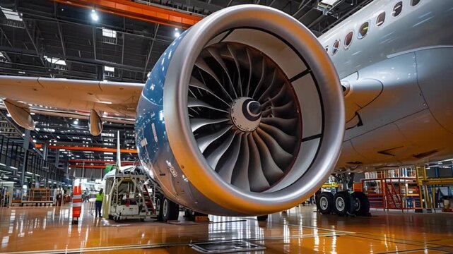 Skilled aerospace engineers and technicians meticulously assemble and inspect a cutting-edge aircraft engine within a state-of-the-art manufacturing facility