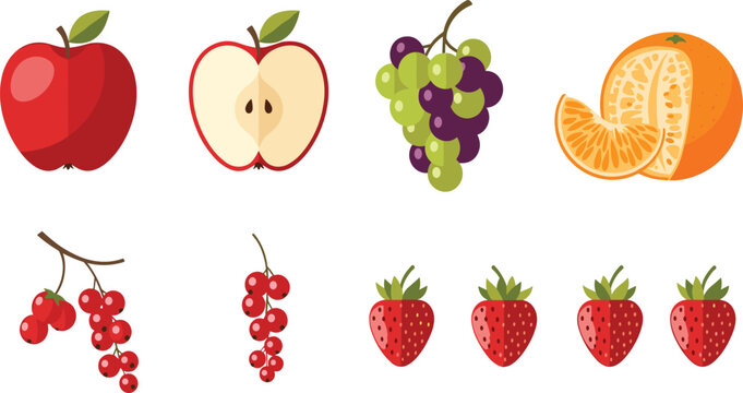 Fresh Fruit Vector Set with Apple Grapes Orange Strawberry Cherry and Red Currant Isolated Healthy Organic Food Collection for Market Design.