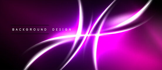 Fototapeta premium Abstract purple background features glowing pink lines. Dynamic curves create modern visual effect. Dark shades dominate composition.