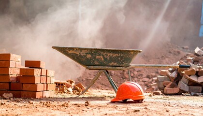 Construction site with wheelbarrow, bricks, and helmet
