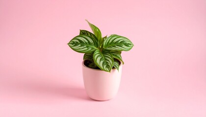Fototapeta premium Potted striped-leaf plant on pink background