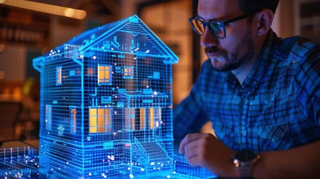 Skilled architect utilizes advanced 3D digital tools in their innovative workspace, meticulously creating precise house blueprint that exemplifies modern engineering and professional design excellence