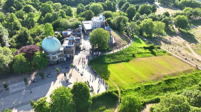 Aerial drone cinematic video over iconic park of Greenwich and Royal Observatory, London, United Kingdom