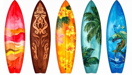 Five upright surfboards with colorful designs