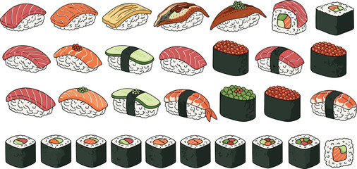Sushi and nigiri collection vector set. Japanese seafood rolls, maki and sashimi pieces. Asian cuisine flat illustration pack. © ALFINI