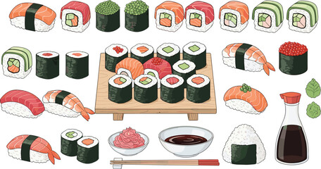 Sushi platter and ingredients vector set. Nigiri, maki rolls, soy sauce and chopsticks. Japanese cuisine flat illustration collection. © ALFINI