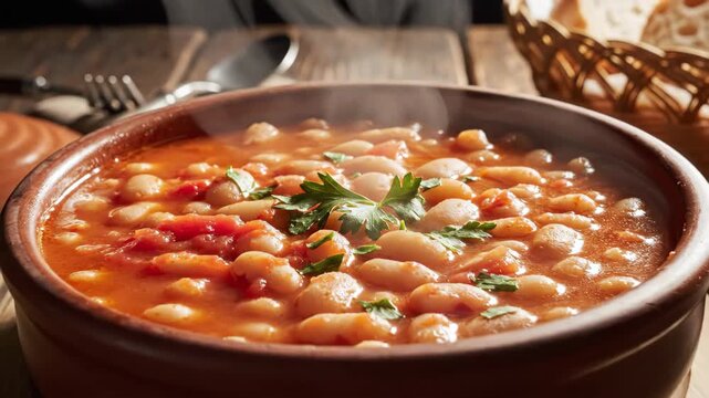 Slow motion 4k footage of steaming homemade chicken soup with vegetables in rustic bowl