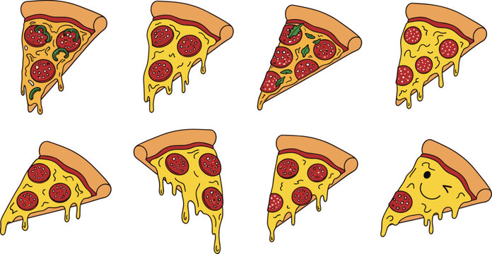 Pepperoni pizza slice collection vector set. Cheesy dripping Italian fast food pieces. Cartoon flat illustration pack.