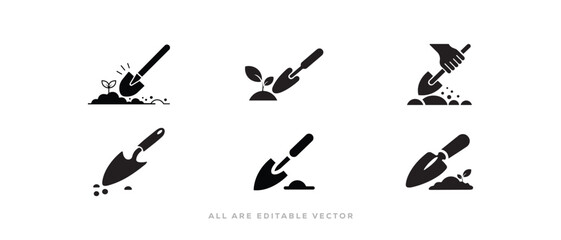 Gardening trowel icon set with plant and soil silhouette. Vector Illustration © design7star