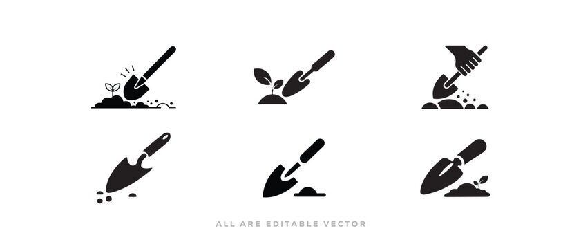 Gardening trowel icon set with plant and soil silhouette. Vector Illustration