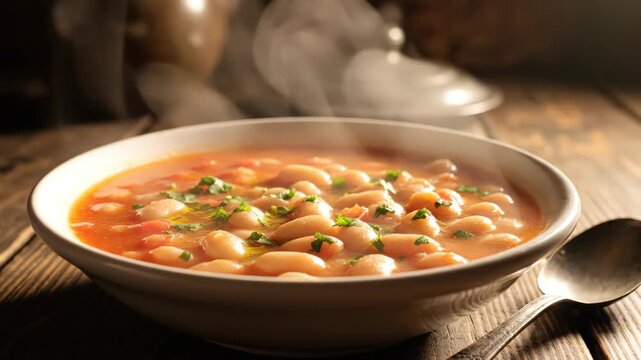 Slow motion close-up steaming hot tomato soup bowl with herbs 4k footage