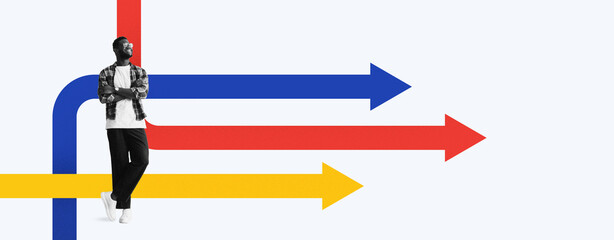 A person stands in the center of a collage where arrows in red, blue, yellow, and black extend outward. The scene suggests various paths and choices. © Prostock-studio