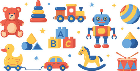 Fototapeta premium Kids Toys Vector Set with Teddy Bear Robot Train Blocks Drum Rocking Horse and Educational Playthings for Baby Shower and Nursery Design.