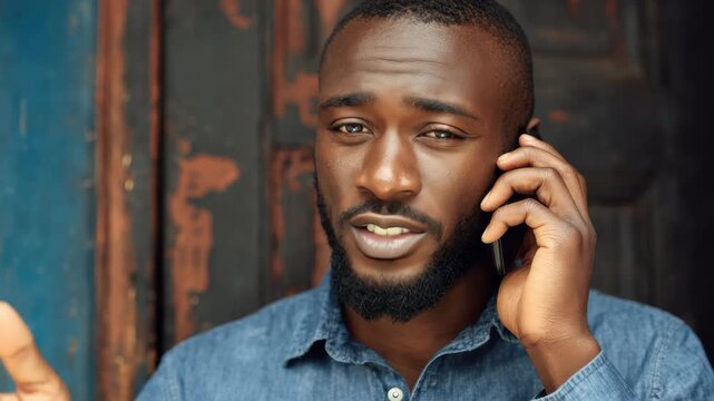 Young african american man talking on cellphone outside in front of wooden door during day