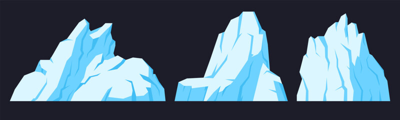 Cartoon frozen glaciers. Ice antarctic icebergs, huge snowy mountains and cracked ice rocks flat vector illustration set. Snow icebergs on dark background © GreenSkyStudio