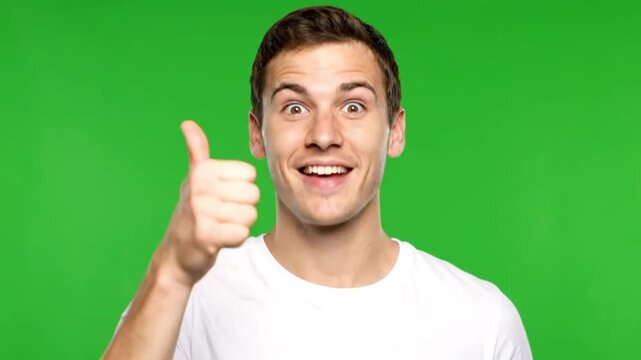 Young man with surprised expression gesturing with hand on green background