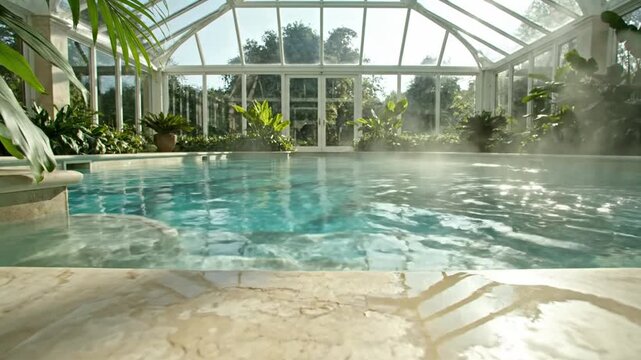 A tranquil indoor pool with clear glass roof and lush green plants creating a serene, spa-like environment